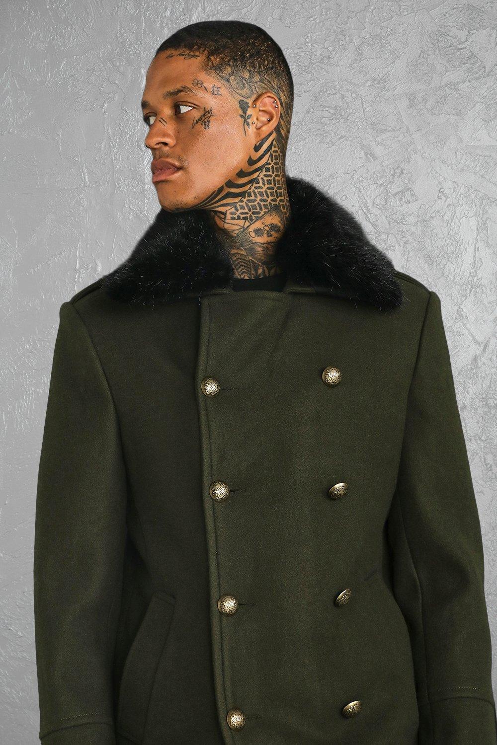 Faux Fur Collar Military Style Overcoat | Boohoo