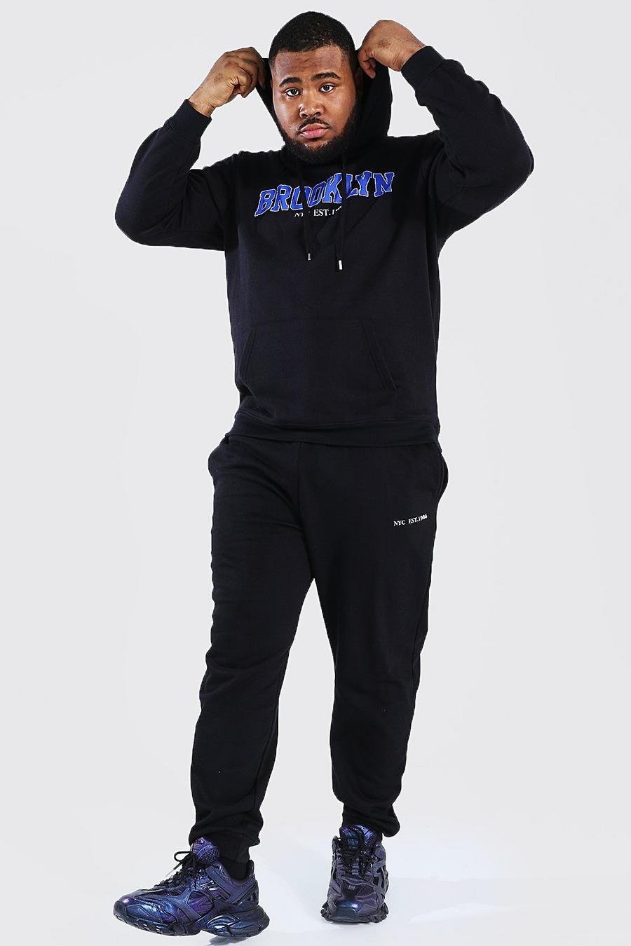 שחור חליפת טרנינג קפוצ'ון עם כיתוב Brooklyn בסגנון נבחרת ספורט למידות גדולות image number 1