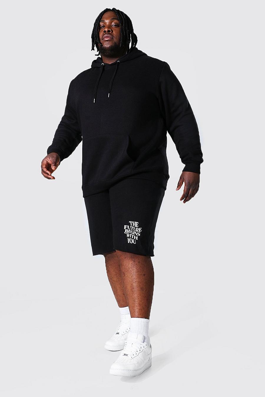 Plus Size Short-Trainingsanzug mit „Positive“-Slogan, Schwarz image number 1