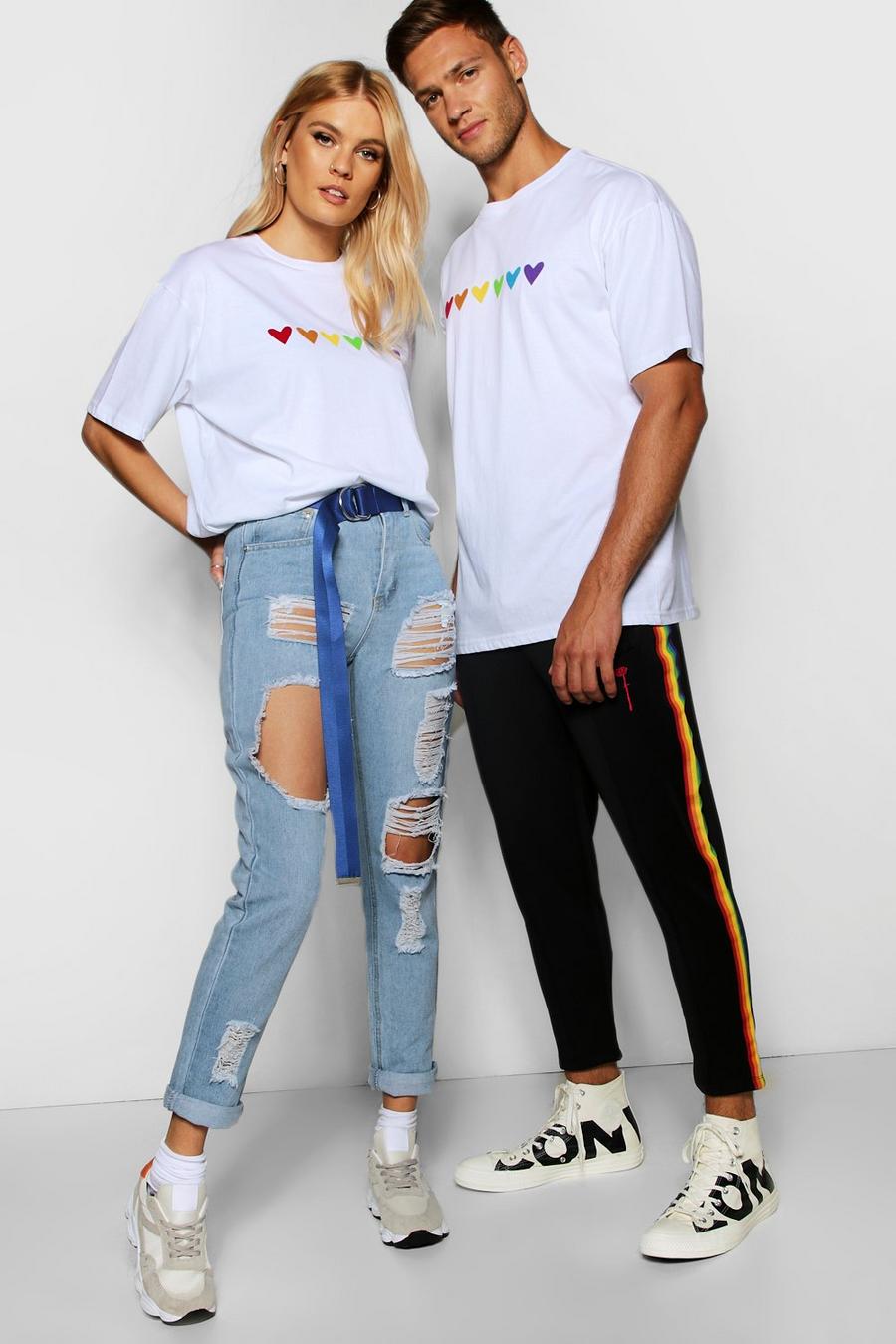 Loose-Fit Pride T-Shirt mit Herz in Regenbogenfarben, Weiß image number 1