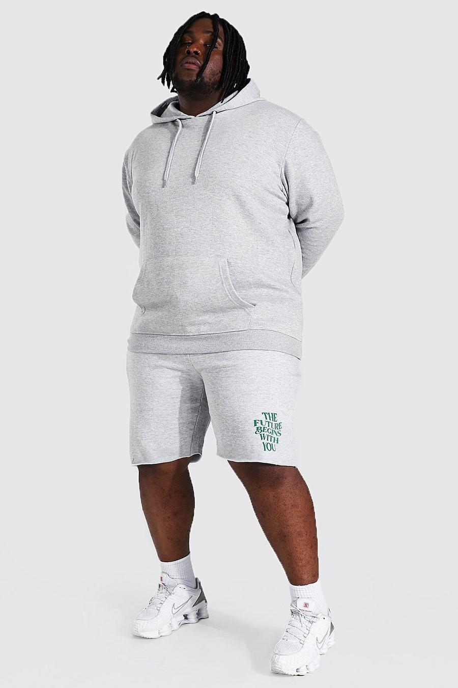 Plus Size Short-Trainingsanzug mit „Positive“-Slogan, Grau meliert image number 1
