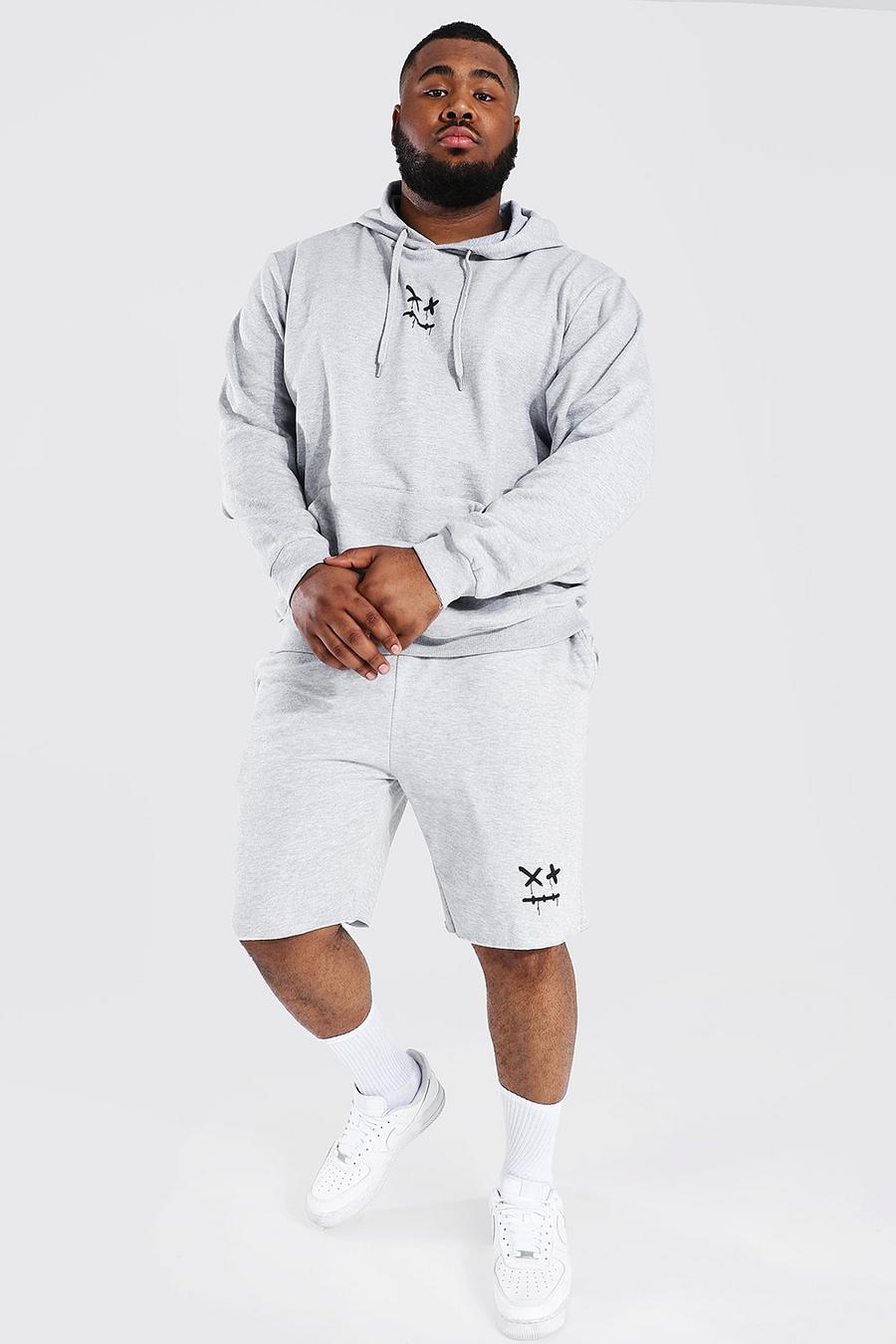 Grey marl Plus Size Drip Face Short Hooded Tracksuit image number 1