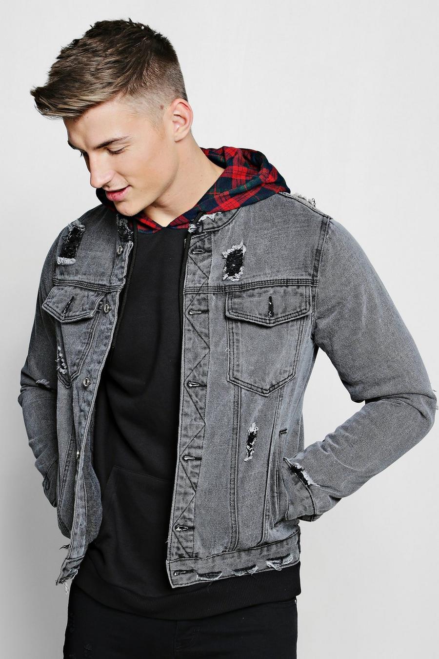 Charcoal Collarless Denim Jacket With Distressing image number 1