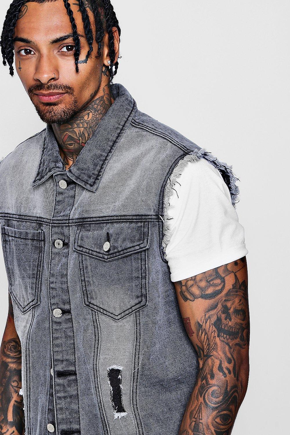 Long denim sleeveless outlet jacket