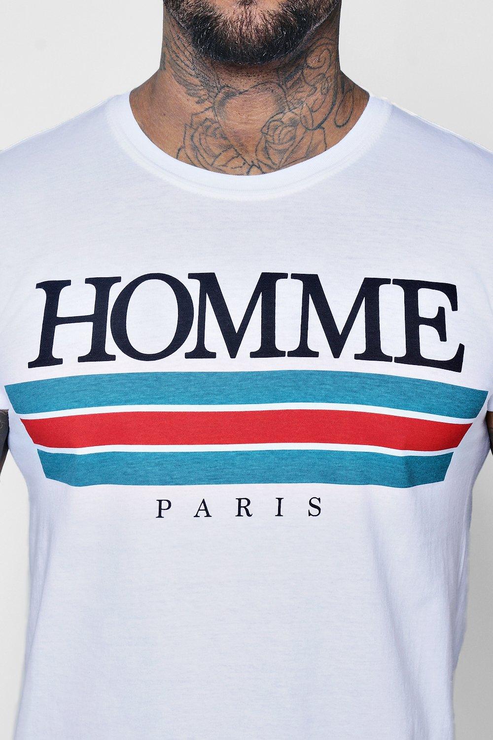 Homme Paris Print T Shirt With Rolled Sleeve