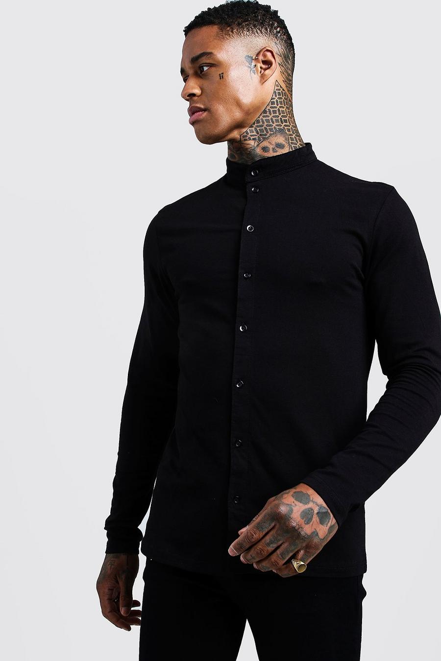 Kurzärmeliges, körperbetontes Jersey-Hemd mit Grandad-Kragen, Black image number 1