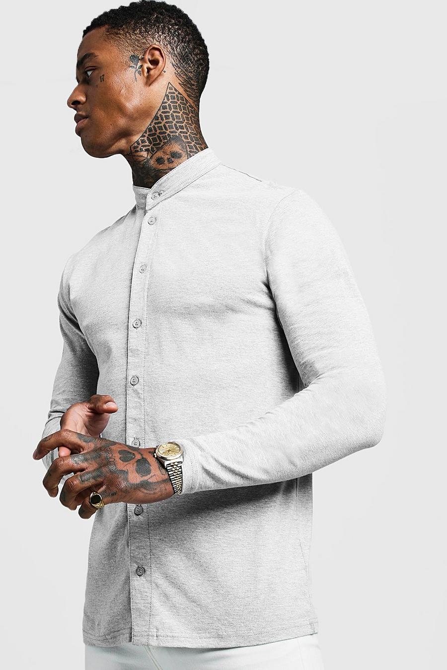 Grey Långärmad jerseyskjorta med farfarskrage i muscle fit image number 1