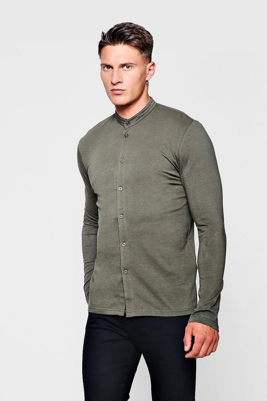 Khaki Muscle Fit Long Sleeve Grandad Jersey Shirt image number 1