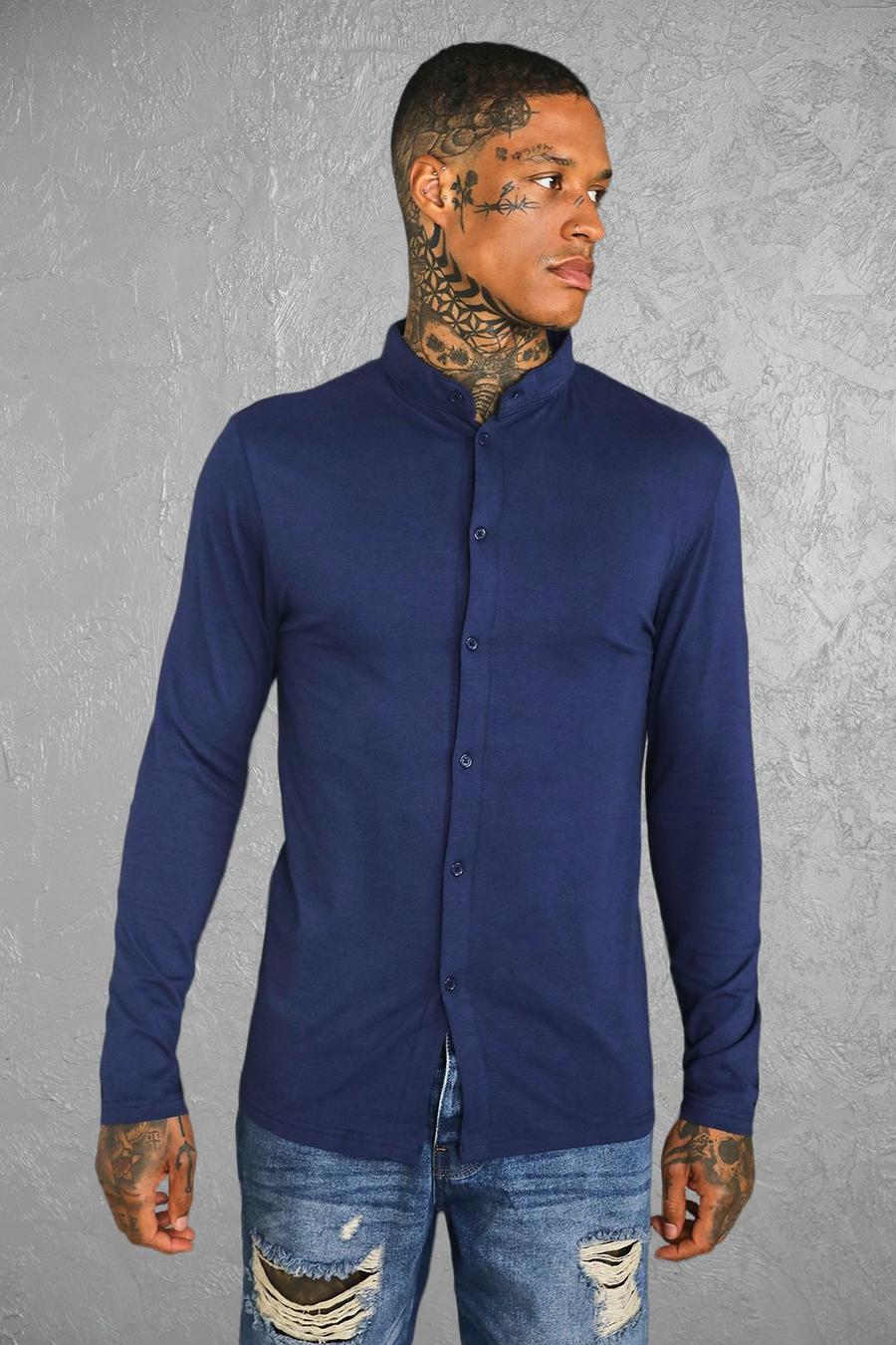 Camisa de manga larga y tela jersey con cuello mao ajustada al músculo, Azul marino image number 1