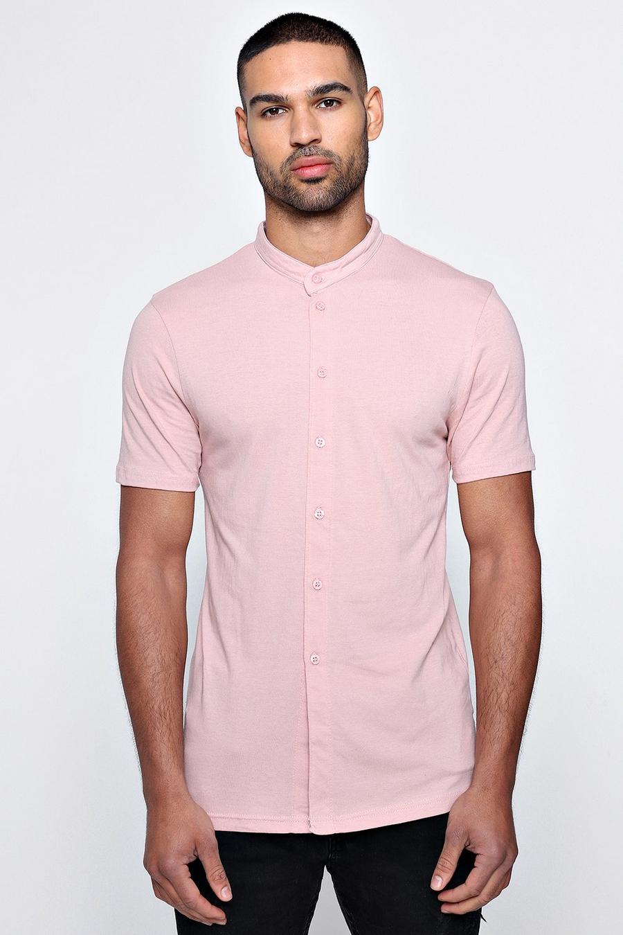 Pink Kortärmad jerseyskjorta med farfarskrage och muscle fit image number 1