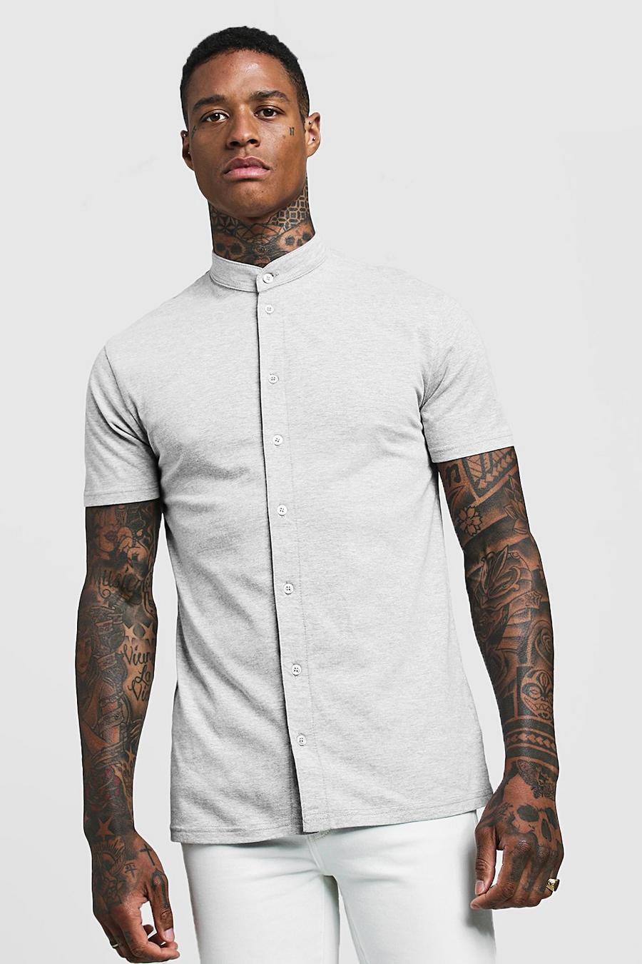 Grey Muscle Fit Short Sleeve Grandad Jersey Shirt image number 1