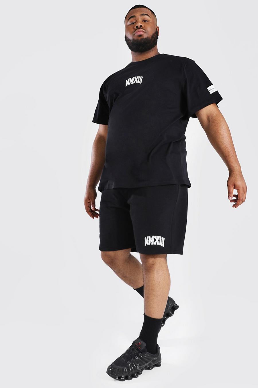 Conjunto de pantalones cortos y camiseta con estampado de estilo universitario Plus, Negro image number 1