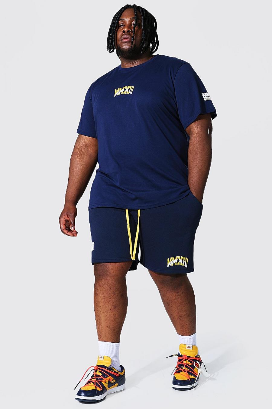 Conjunto de pantalones cortos y camiseta con estampado de estilo universitario Plus, Azul marino image number 1