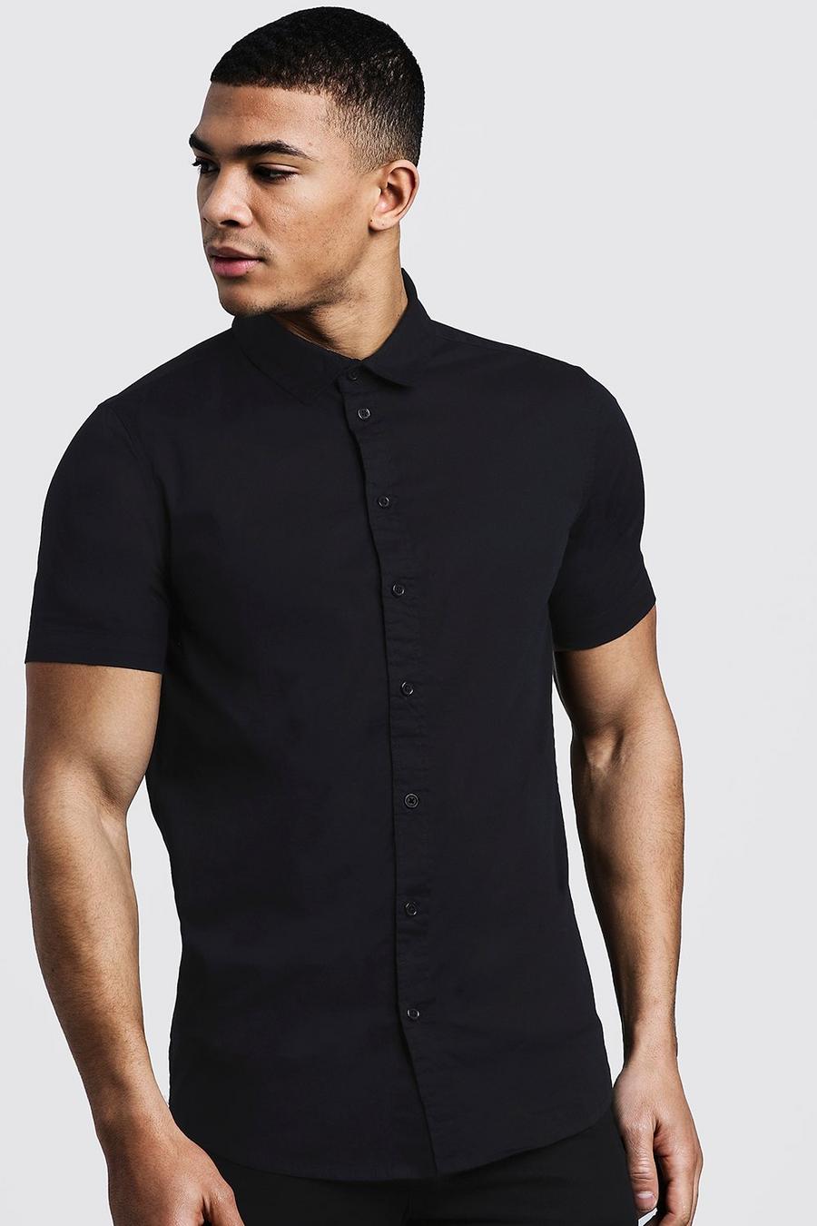 Zwart Muscle fit shirt met korte mouwen image number 1
