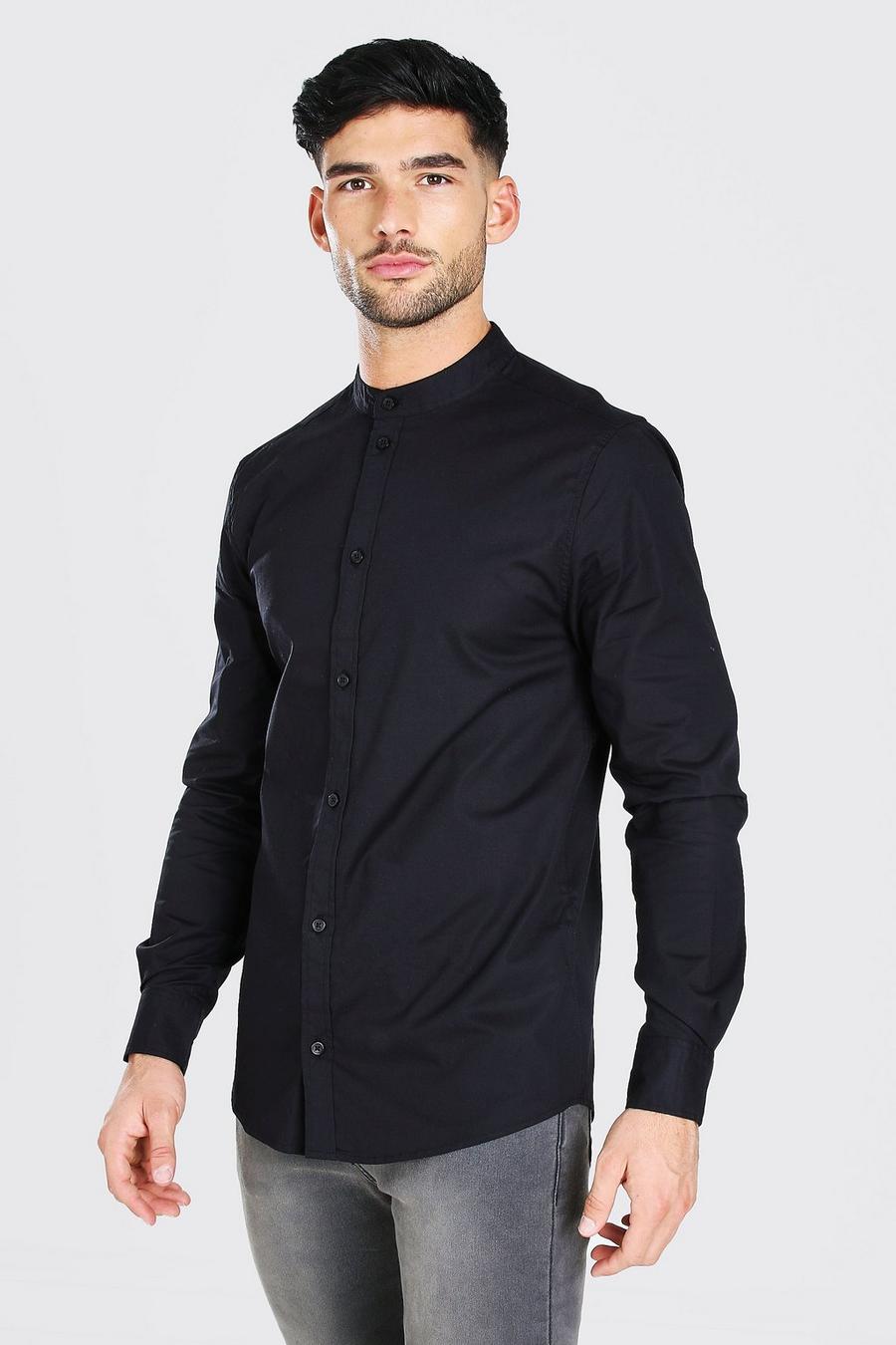Black Muscle Fit Grandad Collar Long Sleeve Shirt image number 1