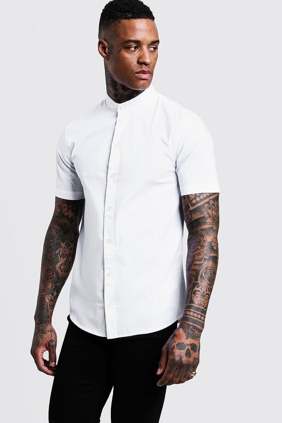 White Muscle Fit Grandad Collar Short Sleeve Shirt image number 1