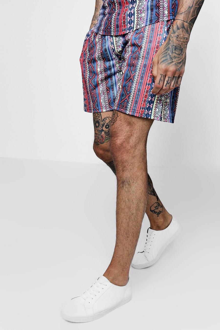 Multi Aztec Tribal Print Mid Jersey Shorts image number 1