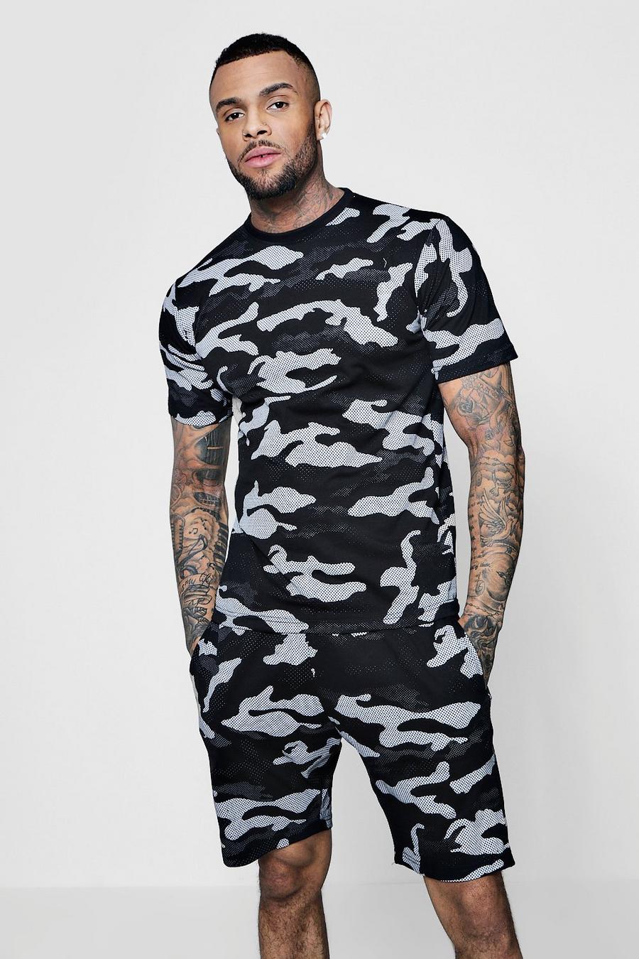 T-Shirt und Shorts Set in Camouflage-Print, Schwarz image number 1