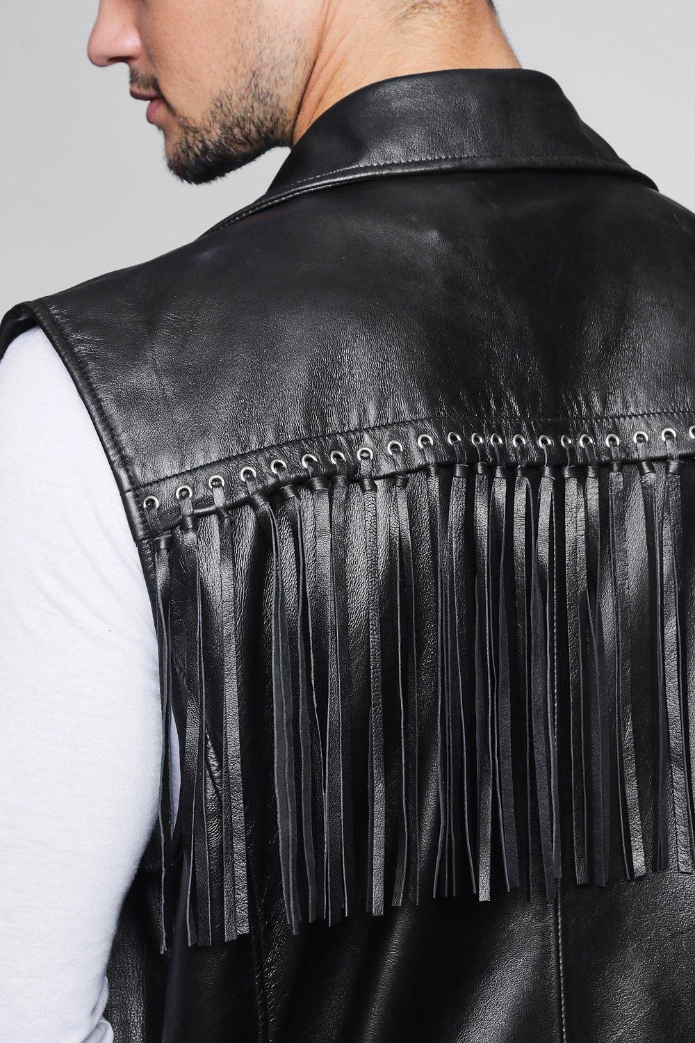 Veste de motard sans manches franges en cuir v ritable boohoo