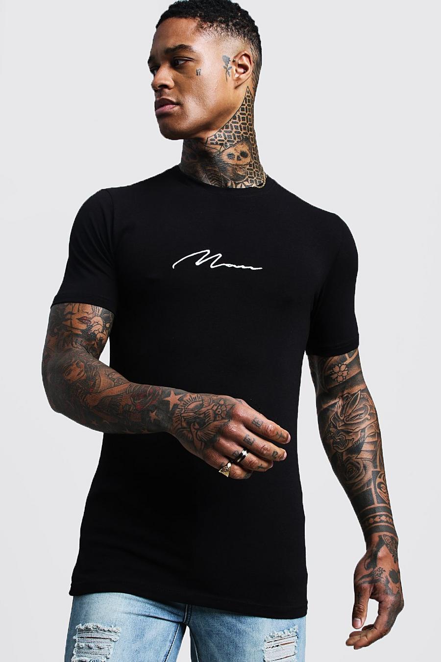Black MAN Signature Embroidered Muscle Fit T-Shirt image number 1