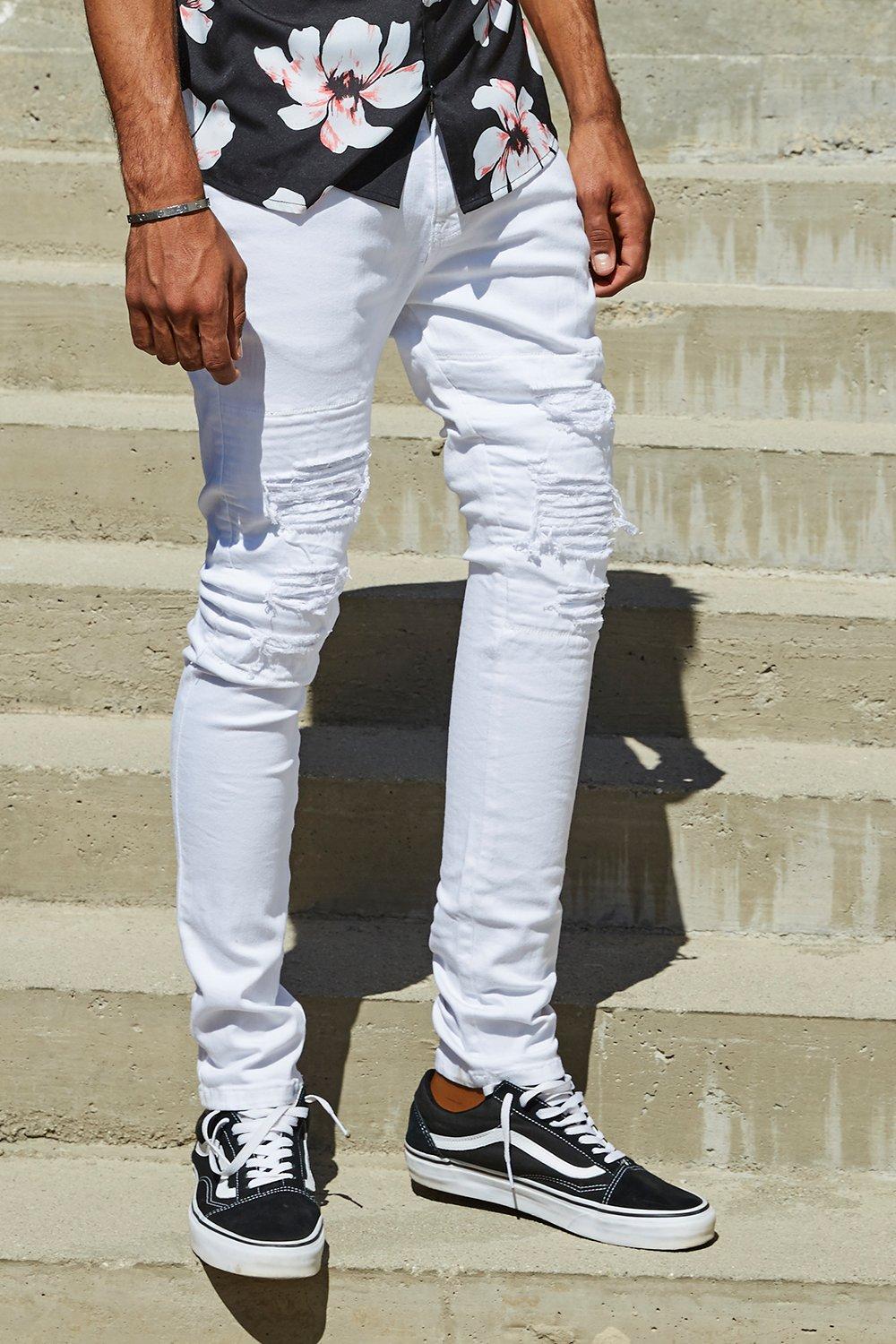 white ripped biker jeans
