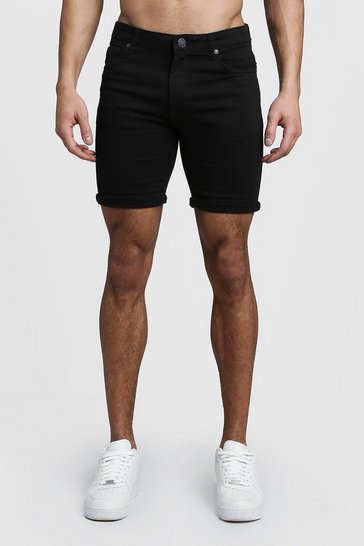 Men's Stretch Skinny Fit Black Denim Shorts | Boohoo UK