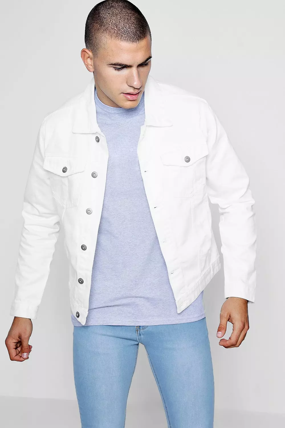 Distressed white denim jacket sale