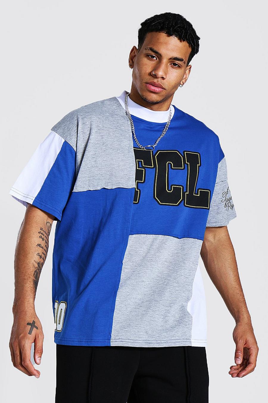 T-shirt oversize con motivo patchwork e scritta Official in stile varsity, Azzurro image number 1