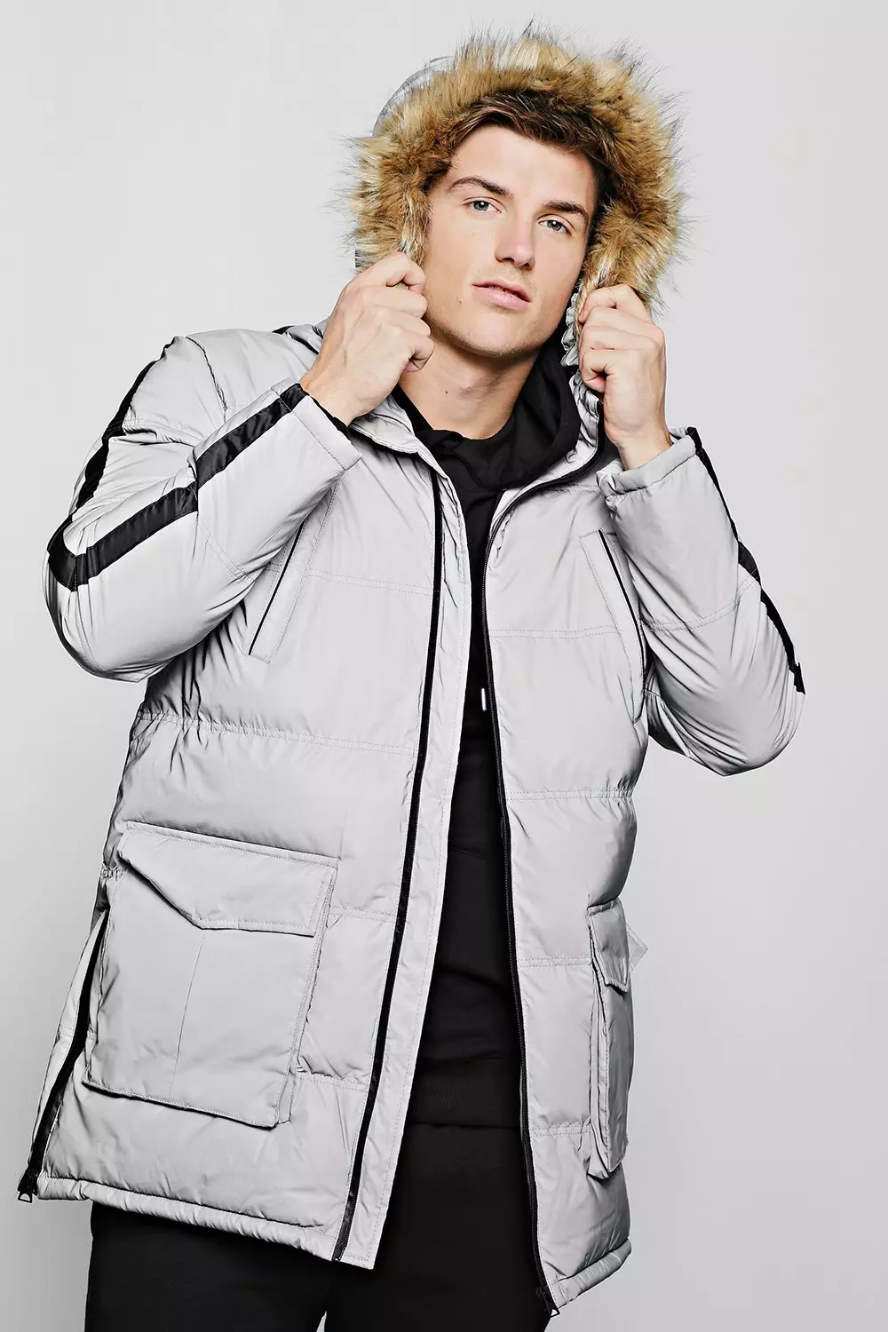 Reflective coat with store fur hood