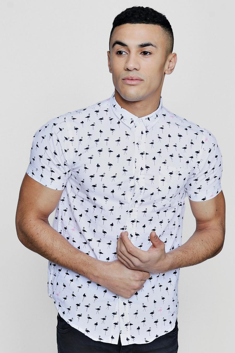 Kurzärmeliges Hemd mit Flamingo-Print, Weiß image number 1