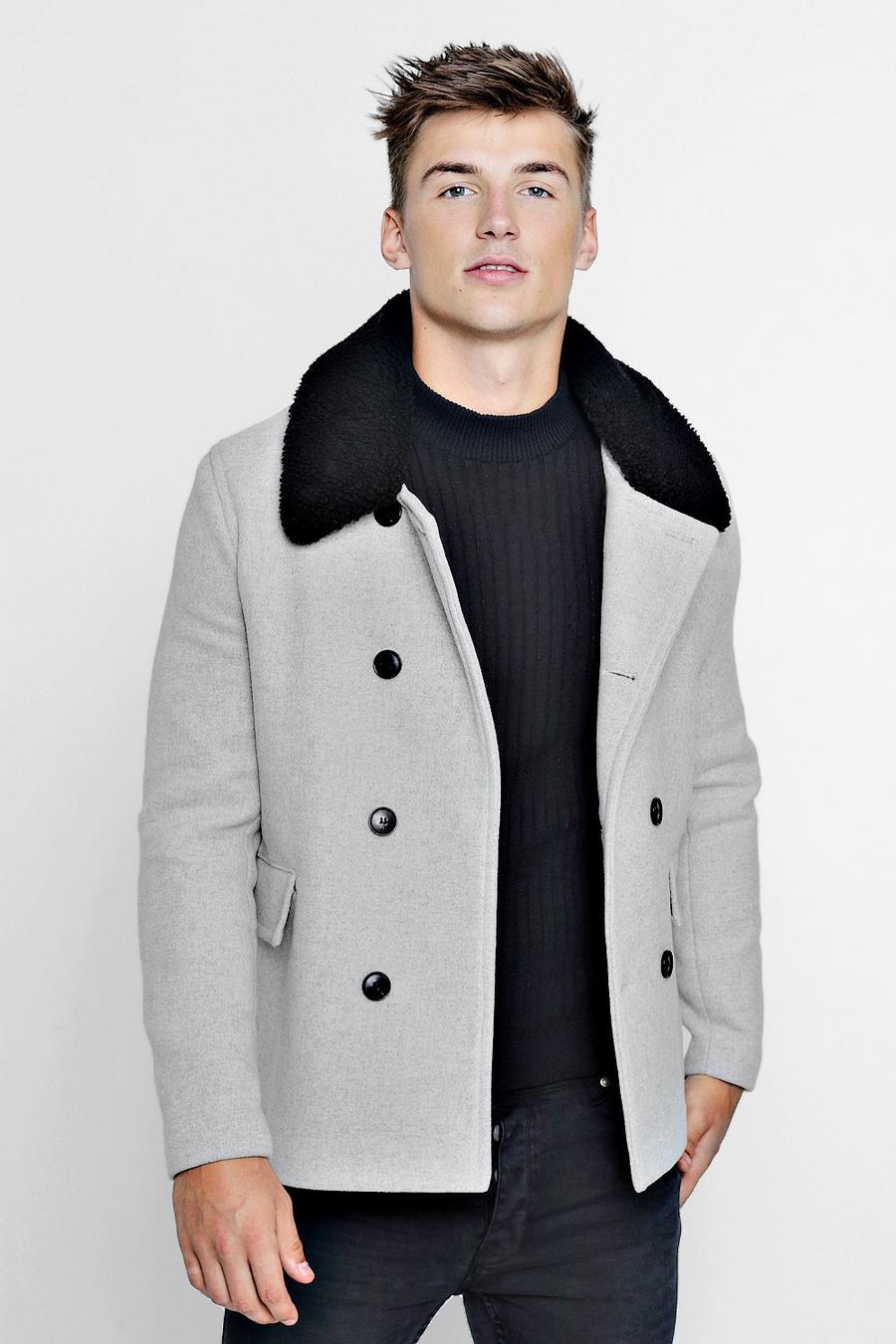 Cappotto in misto lana con colletto in montone sintetico, Grey image number 1
