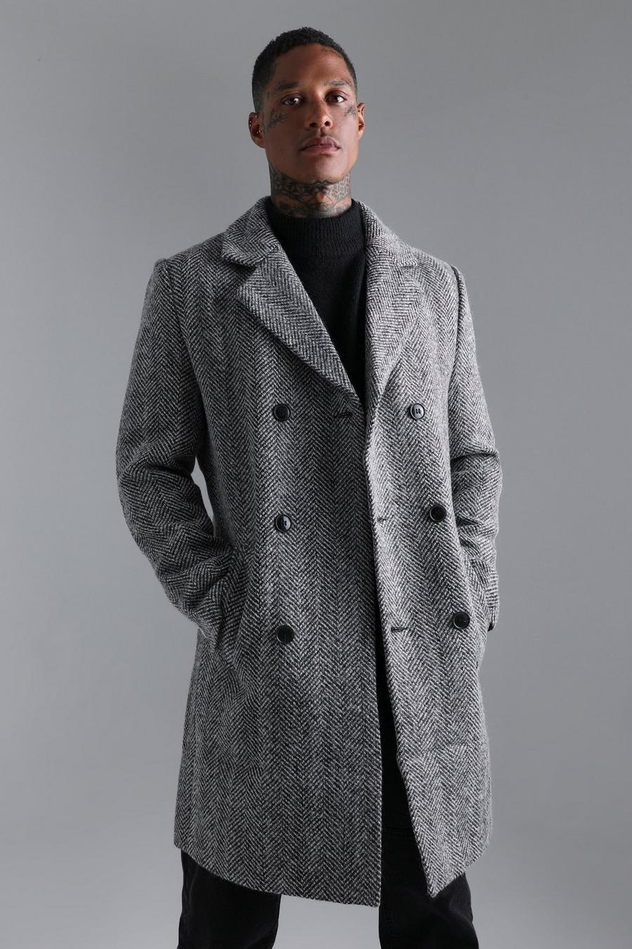 Black Wool Blend Herringbone Double Breasted Overcoat image number 1