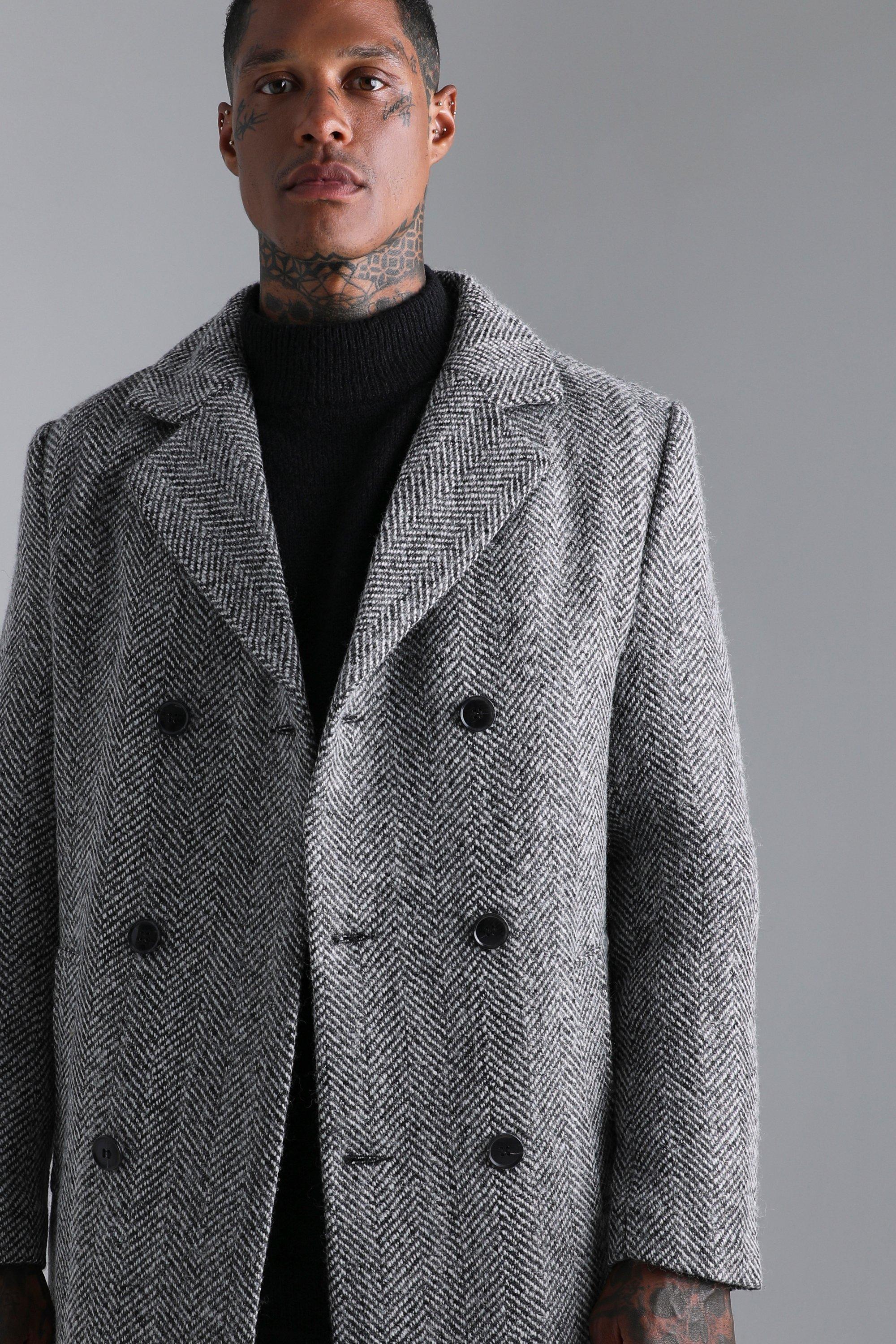 Wool Blend Herringbone Double Breasted Overcoat