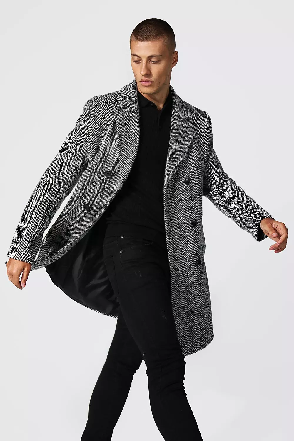 Wool Blend Herringbone Double Breasted Overcoat