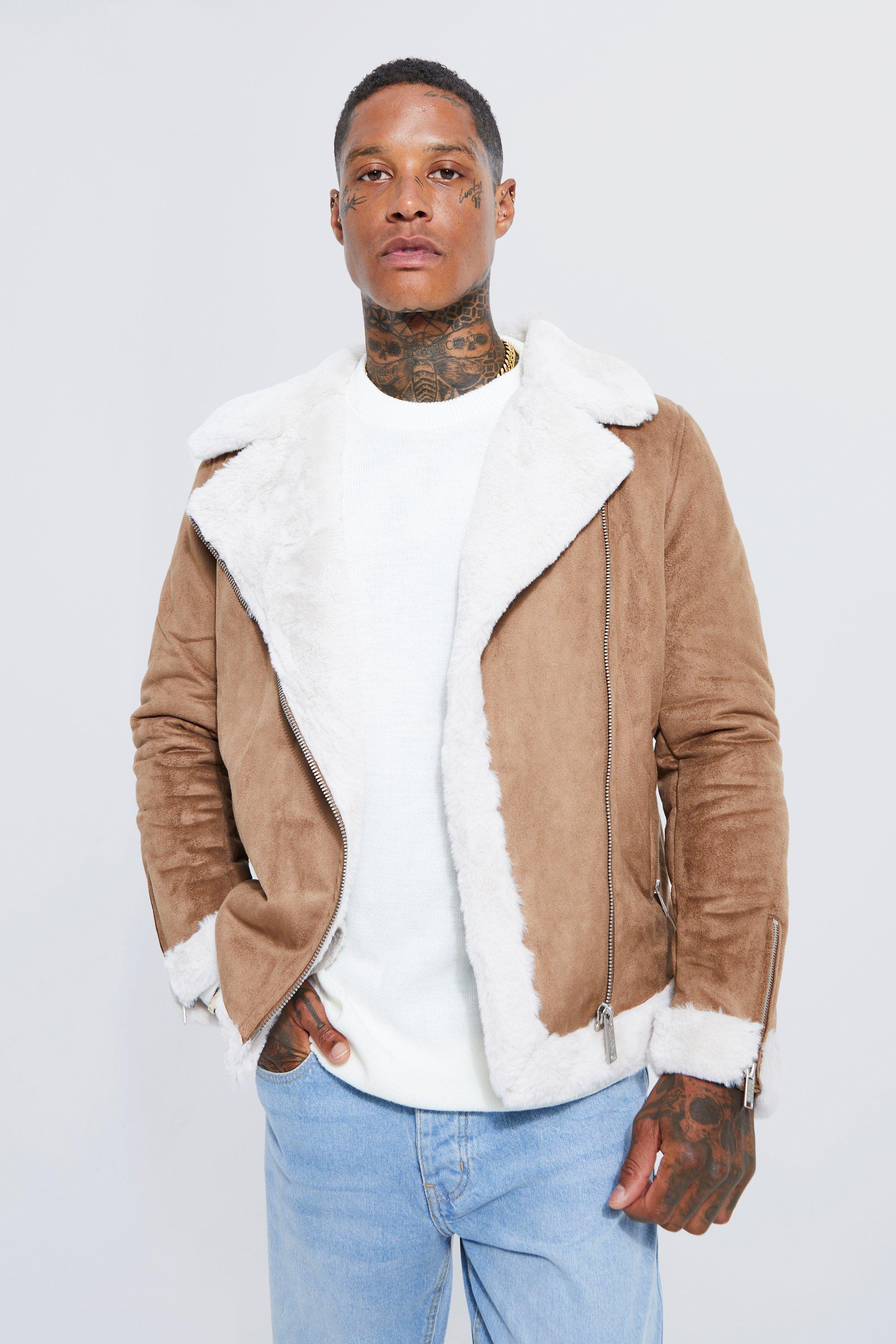 Men's Faux Fur Lined Suede Aviator Jacket | Boohoo UK