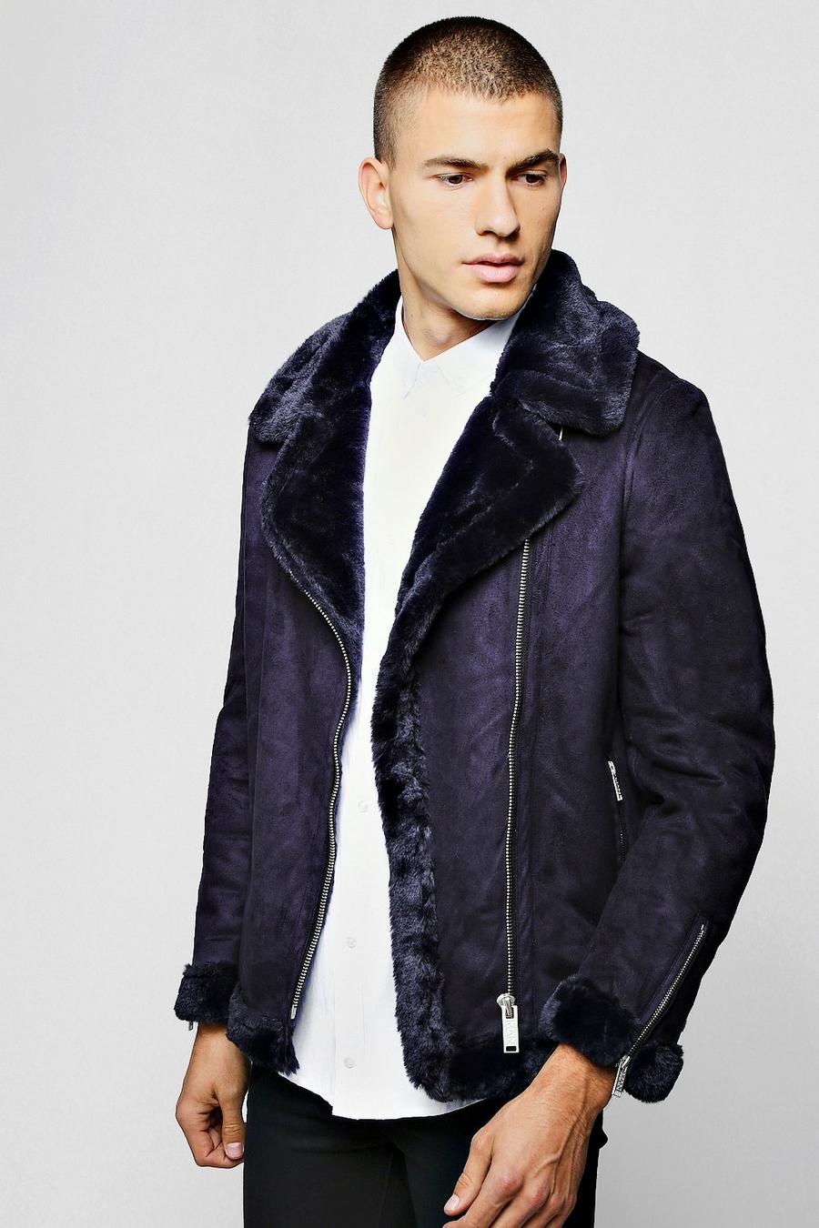 Navy Faux Fur Lined Suede Aviator image number 1