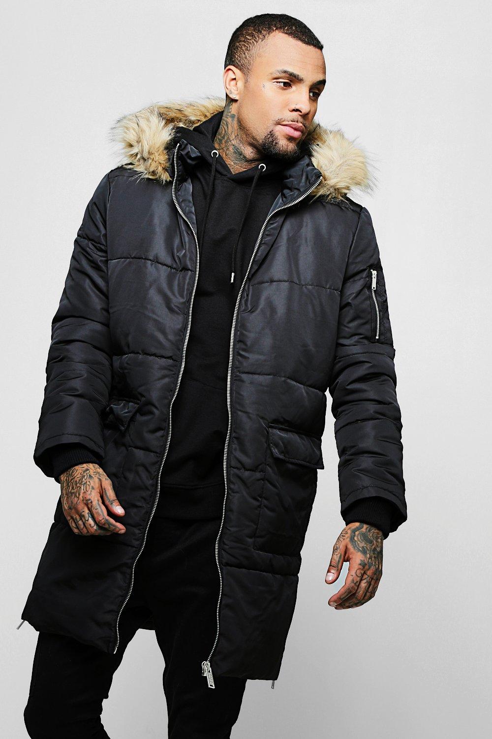 men's longline puffer jacket with fur hood