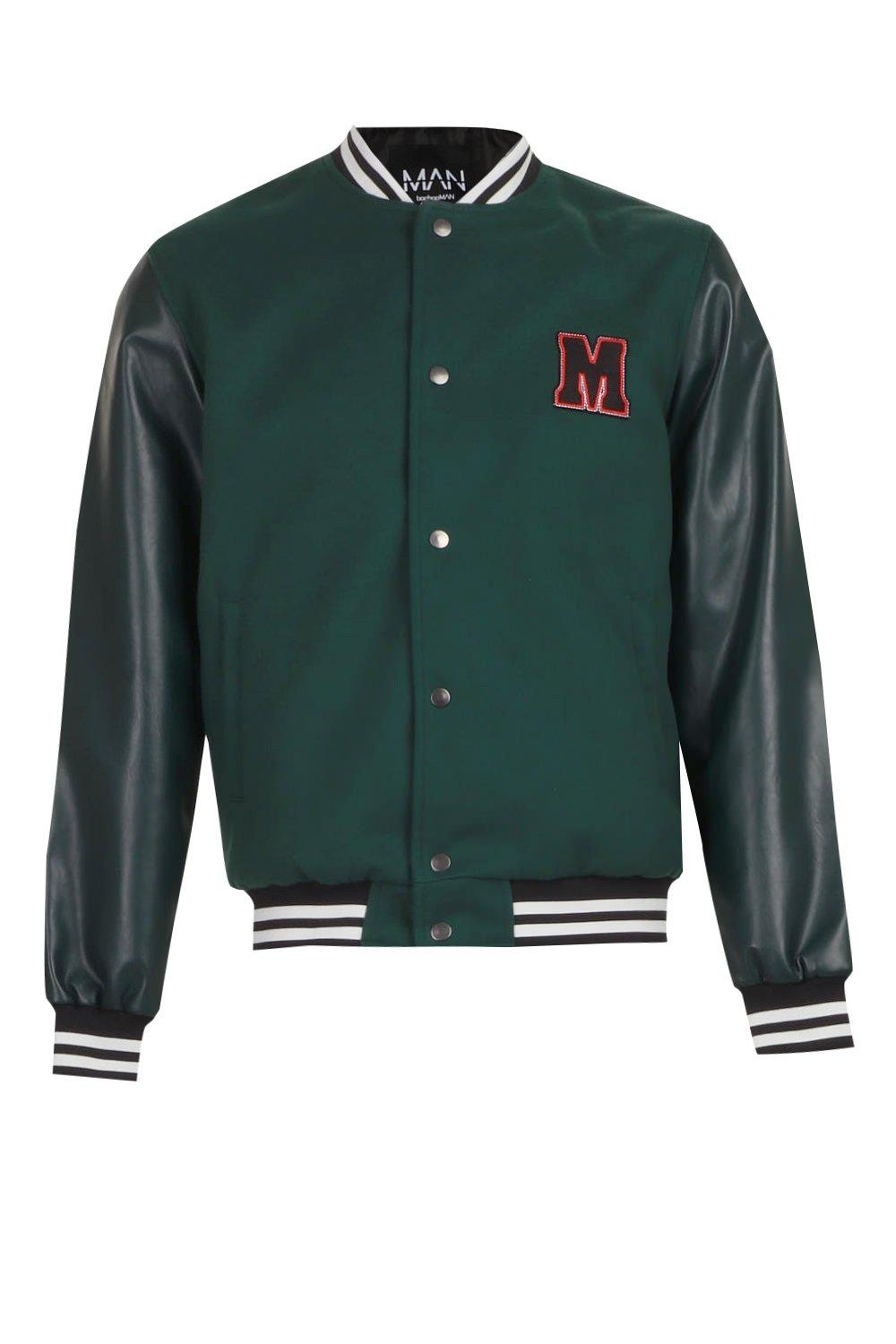 Majesda® - Embroidered Lettering PU Leather Varsity Jacket