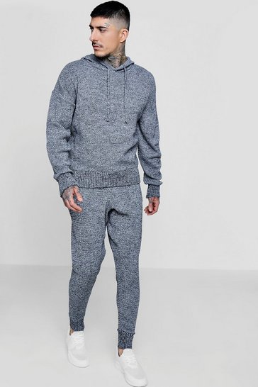 Men's Grey Marl Knitted Hooded Tracksuit | Boohoo UK