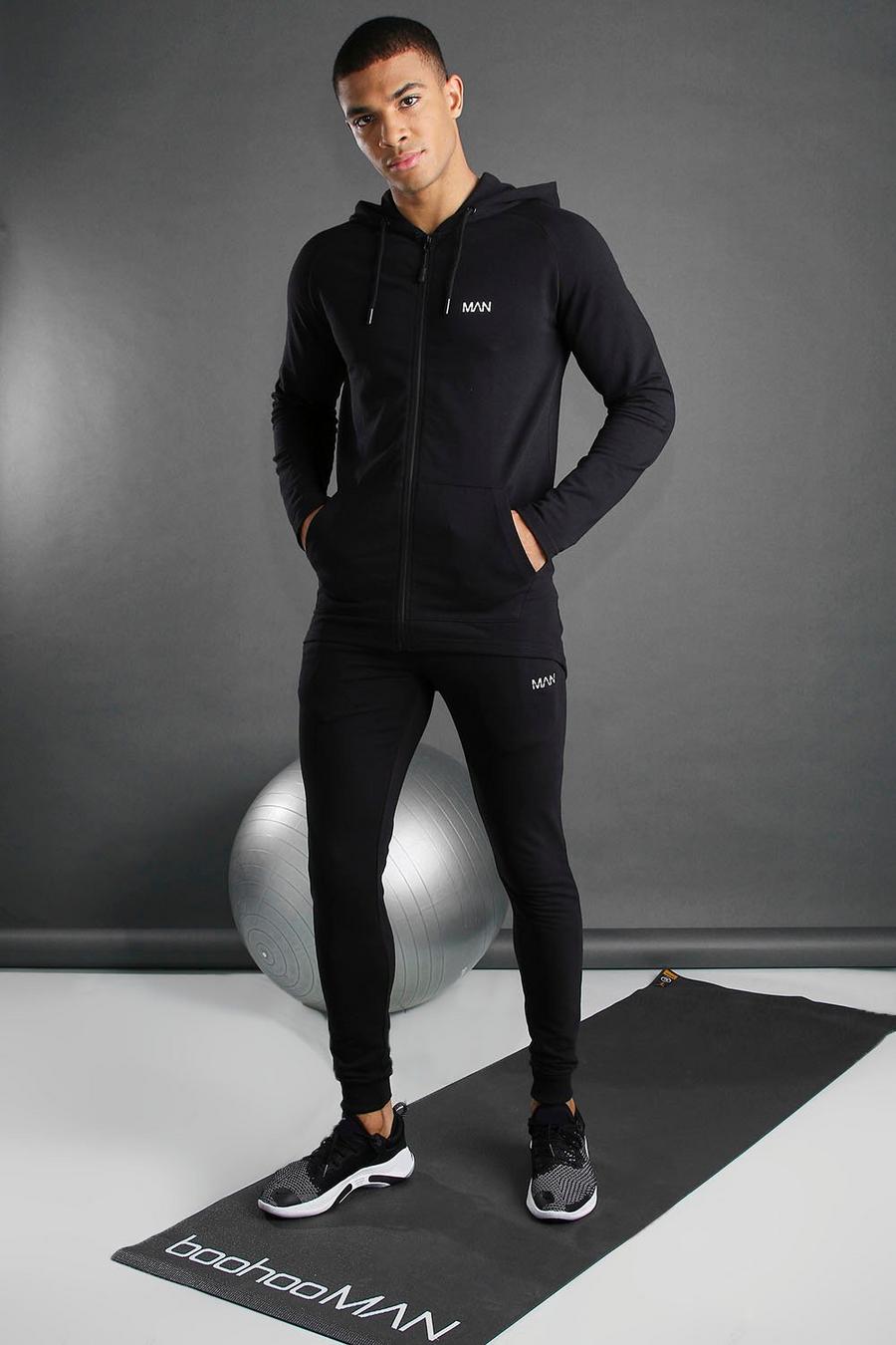 Skinny Fit Active Fitness Trainingsanzug mit Kapuze, Schwarz image number 1