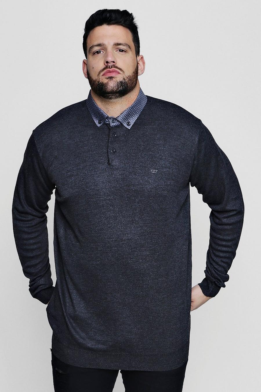 Charcoal gris Big And Tall Long Sleeve Knitted Polo image number 1