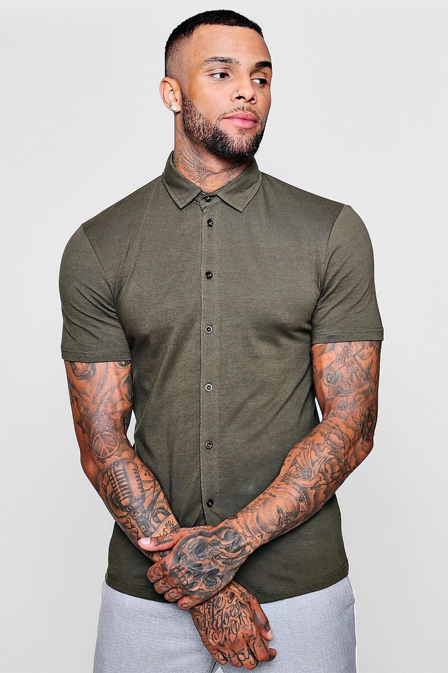 Khaki Muscle Fit Short Sleeve Jersey Shirt image number 1