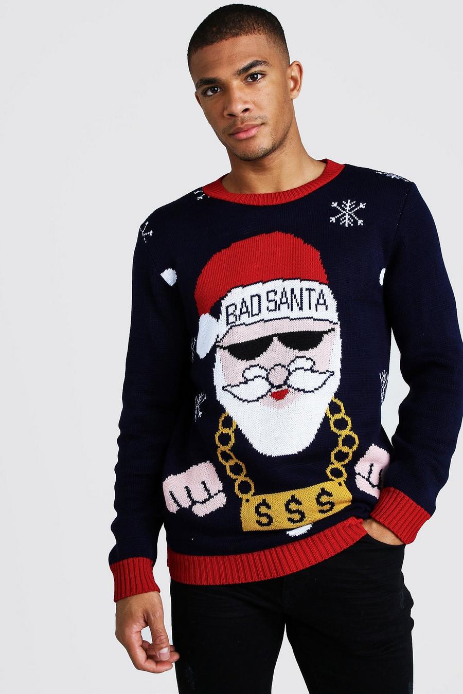 Weihnachtspullover mit bösem Weihnachtsmann, Marineblau image number 1