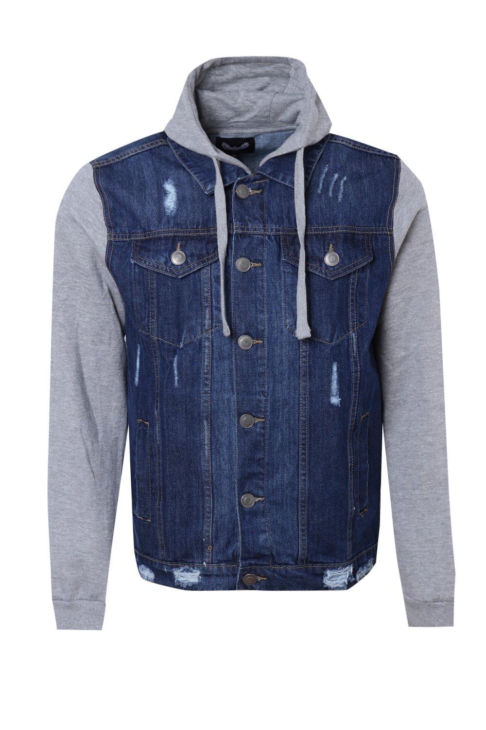 Men s Denim Jacket With Jersey Sleeves And Hood Boohoo UK