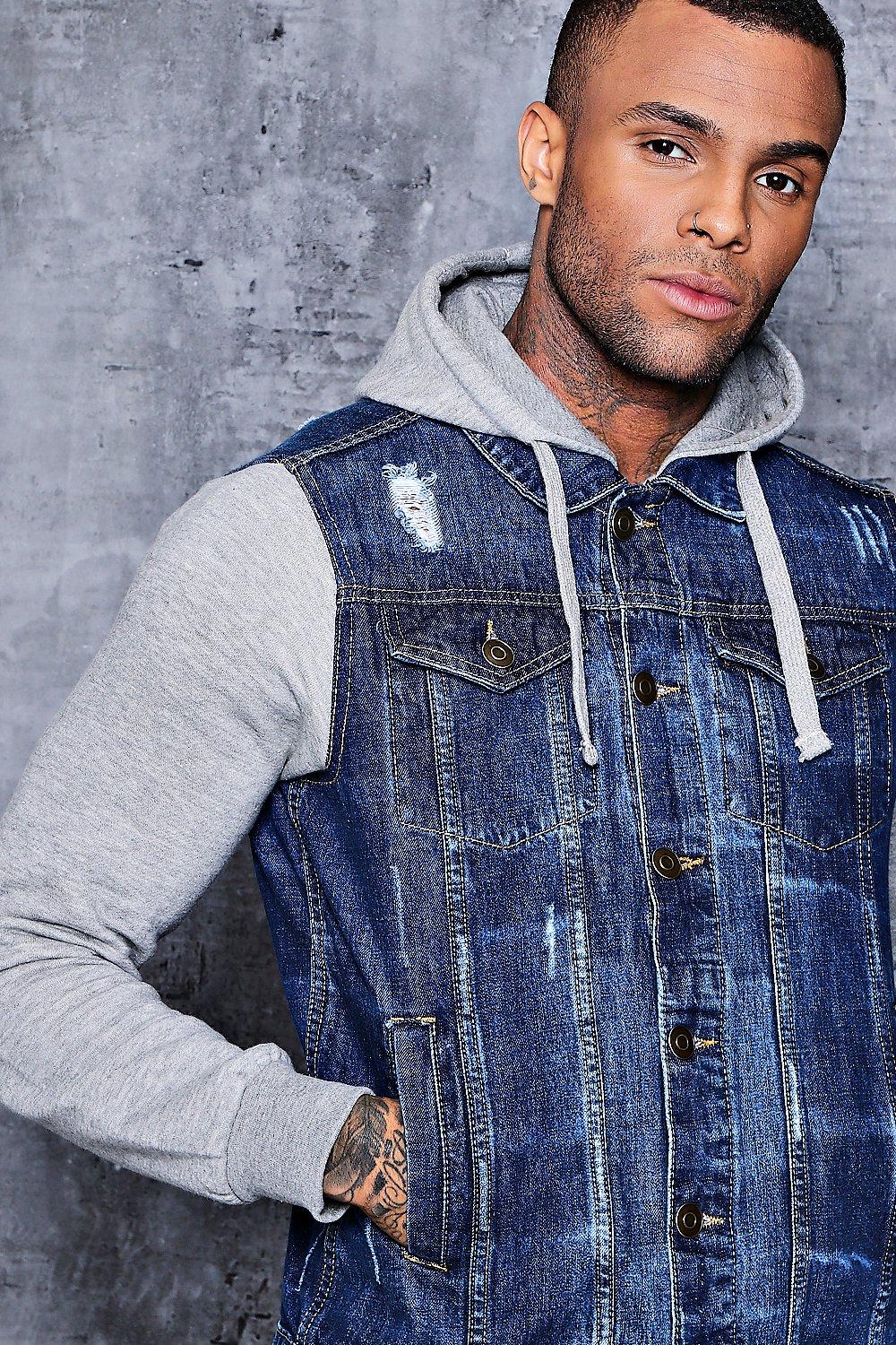 Jean jacket with jersey sleeves sale