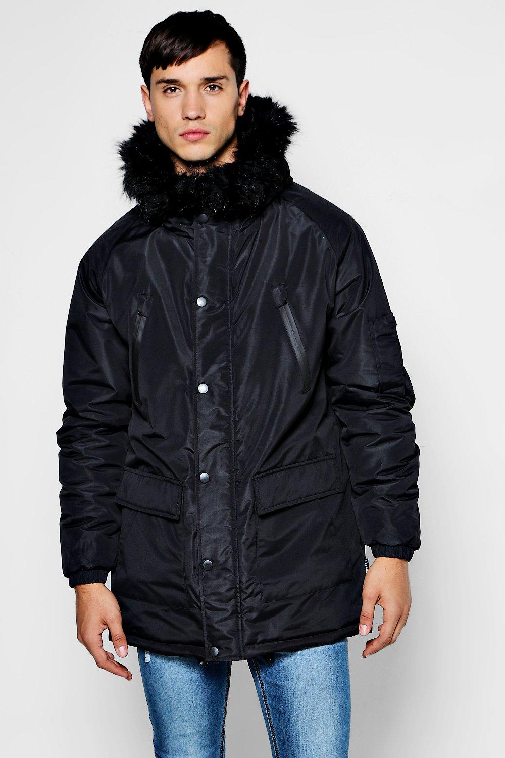 boohoo padded coat with faux fur hood