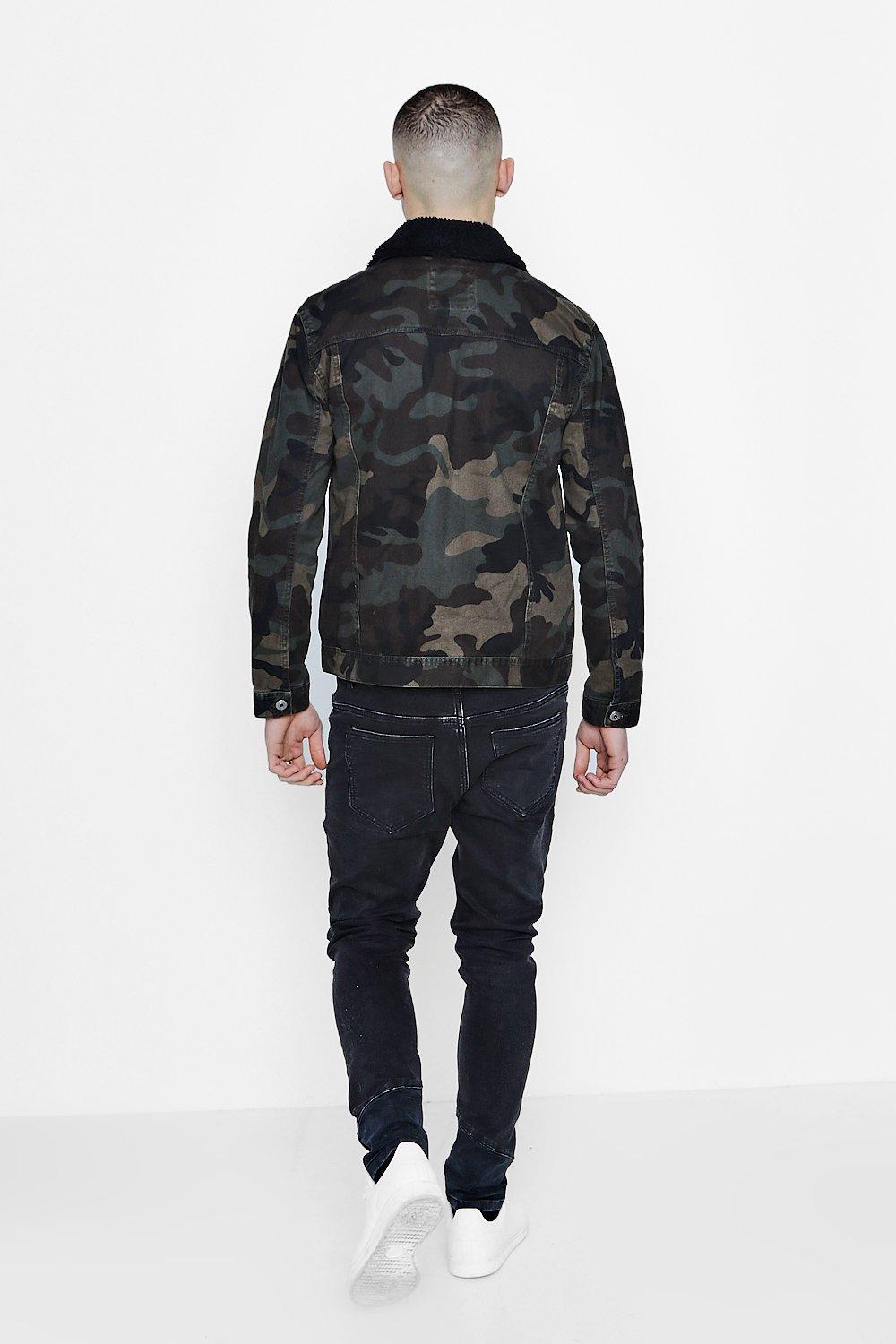 Camo Denim Jacket With Borg Collar boohoo DK