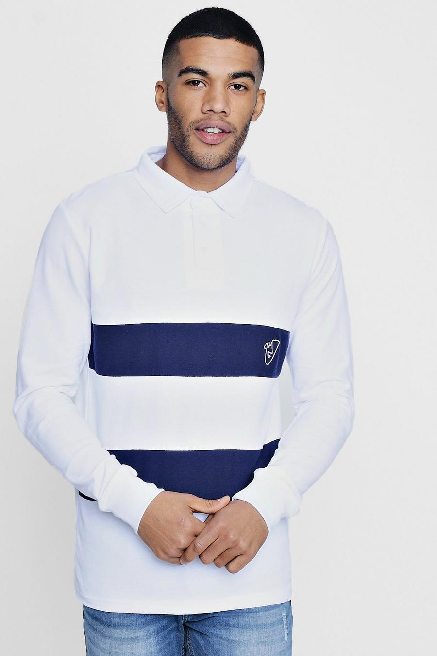 White Long Sleeve Stripe Polo in Pique image number 1