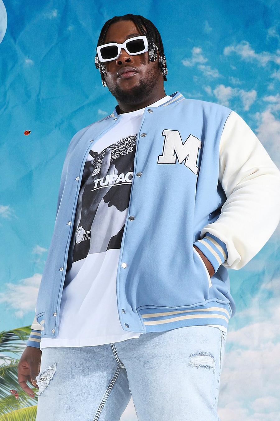 Giacca Bomber stile Varsity Plus Size in Jersey, Pale blue image number 1