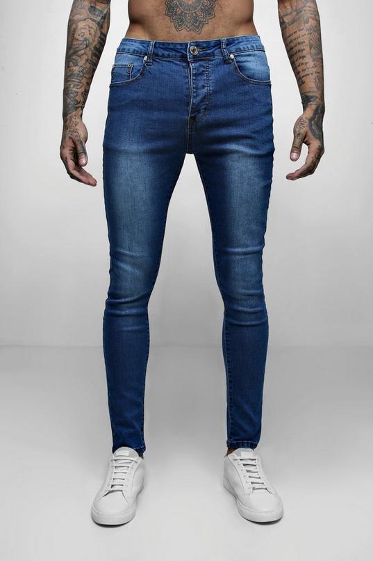 Men's Blue Wash Spray On Skinny Jeans | Boohoo UK